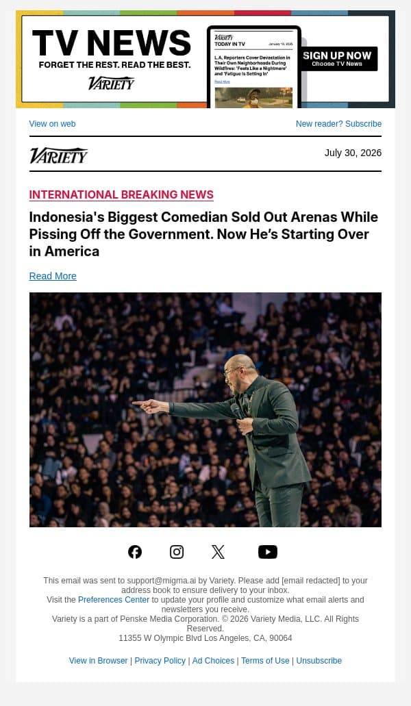 Indonesia's Biggest Comedian Sold Out Arenas While Pissing Off the Government. Now He’s Starting Over in America email from Variety screenshot