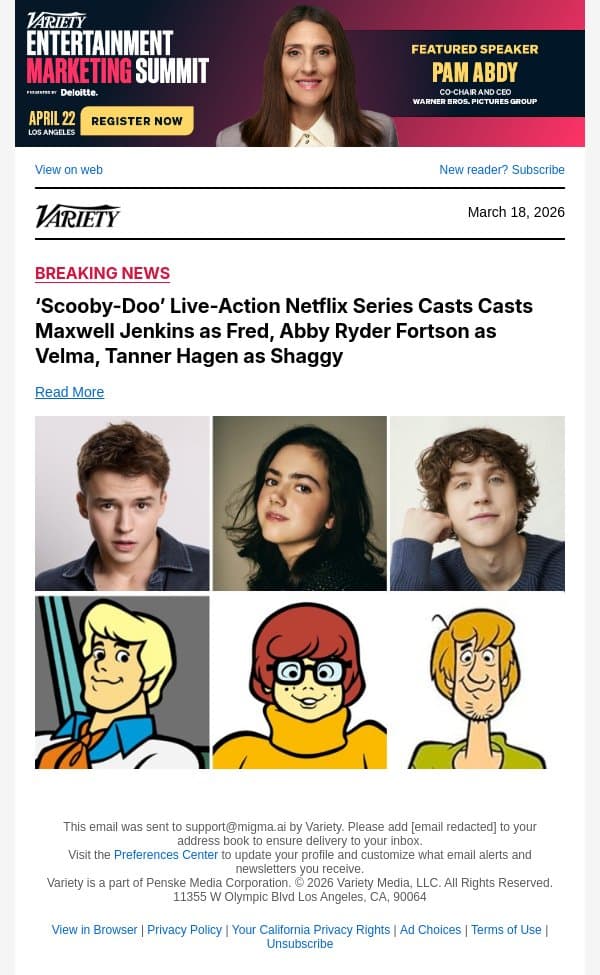 ‘Scooby-Doo’ Live-Action Netflix Series Casts Casts Maxwell Jenkins as Fred, Abby Ryder Fortson as Velma, Tanner Hagen as Shaggy email from Variety screenshot