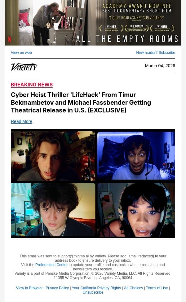 Cyber Heist Thriller 'LifeHack' From Timur Bekmambetov and Michael Fassbender Getting Theatrical Release in U.S. (EXCLUSIVE) email from Variety screenshot