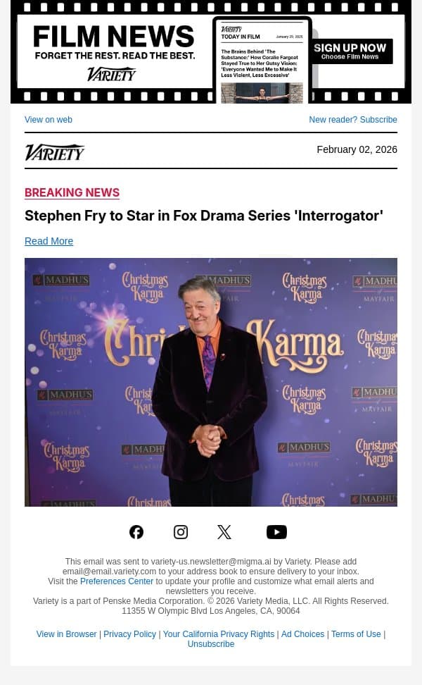 Stephen Fry to Star in Fox Drama Series 'Interrogator' email from Variety screenshot
