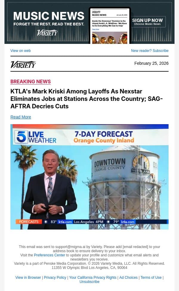 KTLA's Mark Kriski Among Layoffs As Nexstar Eliminates Jobs at Stations Across the Country; SAG-AFTRA Decries Cuts email from Variety screenshot