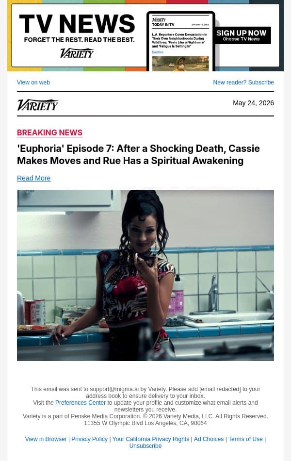 'Euphoria' Episode 7: After a Shocking Death, Cassie Makes Moves and Rue Has a Spiritual Awakening email from Variety screenshot