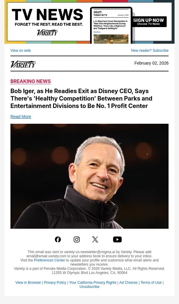 Bob Iger, as He Readies Exit as Disney CEO, Says There's 'Healthy Competition' Between Parks and Entertainment Divisions to Be No. 1 Profit Center email from Variety screenshot