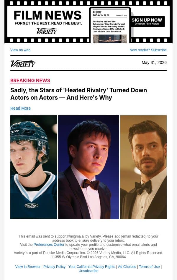 Sadly, the Stars of 'Heated Rivalry’ Turned Down Actors on Actors — And Here's Why email from Variety screenshot