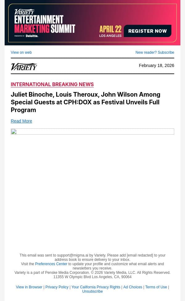 Juliet Binoche, Louis Theroux, John Wilson Among Special Guests at CPH:DOX as Festival Unveils Full Program email from Variety screenshot