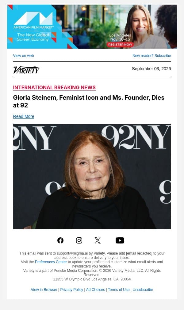 Gloria Steinem, Feminist Icon and Ms. Founder, Dies at 92 email from Variety screenshot