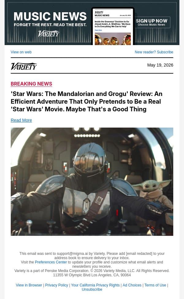 'Star Wars: The Mandalorian and Grogu' Review: An Efficient Adventure That Only Pretends to Be a Real 'Star Wars' Movie. Maybe That's a Good Thing email from Variety screenshot