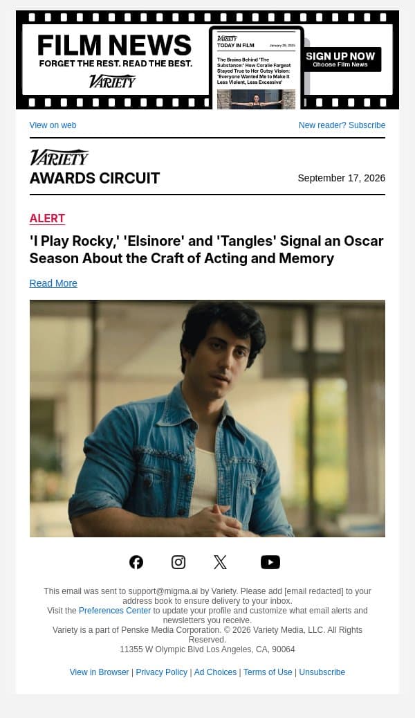 'I Play Rocky,' 'Elsinore' and 'Tangles' Signal an Oscar Season About the Craft of Acting and Memory email from Variety screenshot