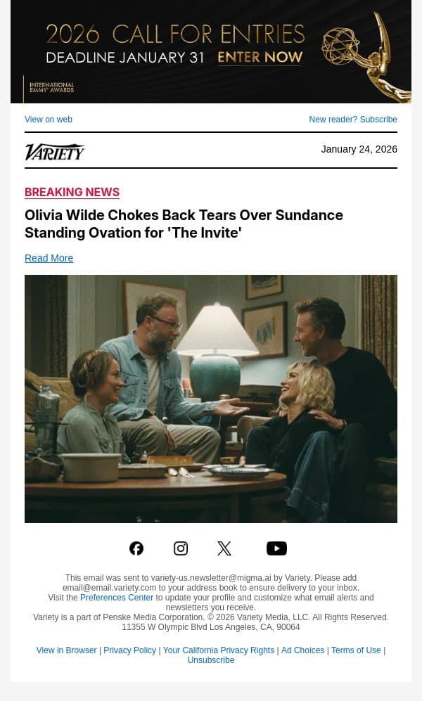 Olivia Wilde Chokes Back Tears Over Sundance Standing Ovation for 'The Invite' email from Variety screenshot