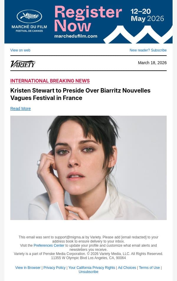 Kristen Stewart to Preside Over Biarritz Nouvelles Vagues Festival in France email from Variety screenshot