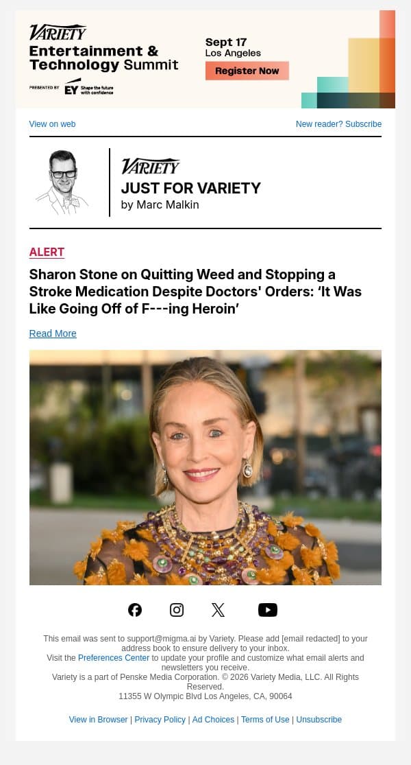 Sharon Stone on Quitting Weed and Stopping a Stroke Medication Despite Doctors' Orders: ‘It Was Like Going Off of F---ing Heroin’ email from Variety screenshot