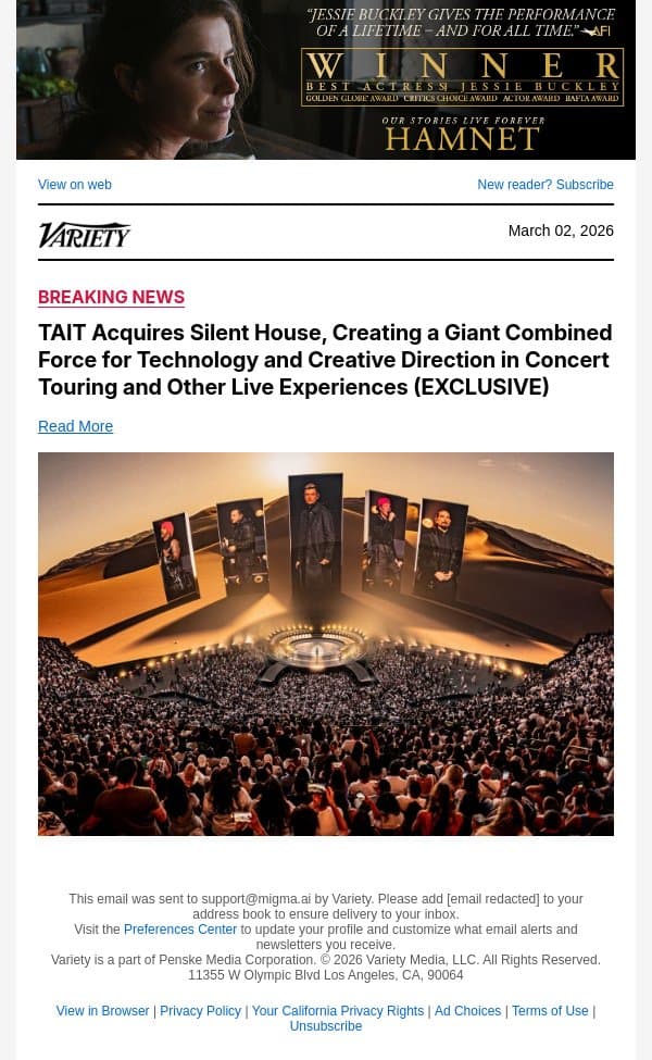 TAIT Acquires Silent House, Creating a Giant Combined Force for Technology and Creative Direction in Concert Touring and Other Live Experiences (EXCLUSIVE) email from Variety screenshot