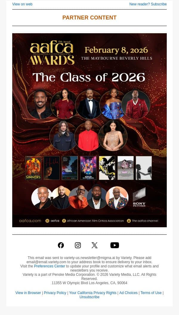 AAFCA 17th Annual Awards email from Variety screenshot