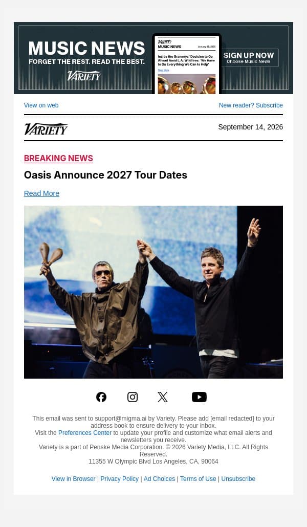 Oasis Announce 2027 Tour Dates email from Variety screenshot