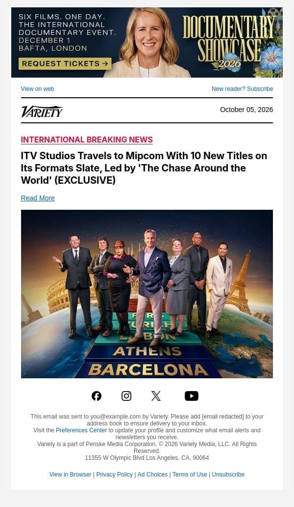 ITV Studios Travels to Mipcom With 10 New Titles on Its Formats Slate, Led by 'The Chase Around the World' (EXCLUSIVE) email from Variety screenshot