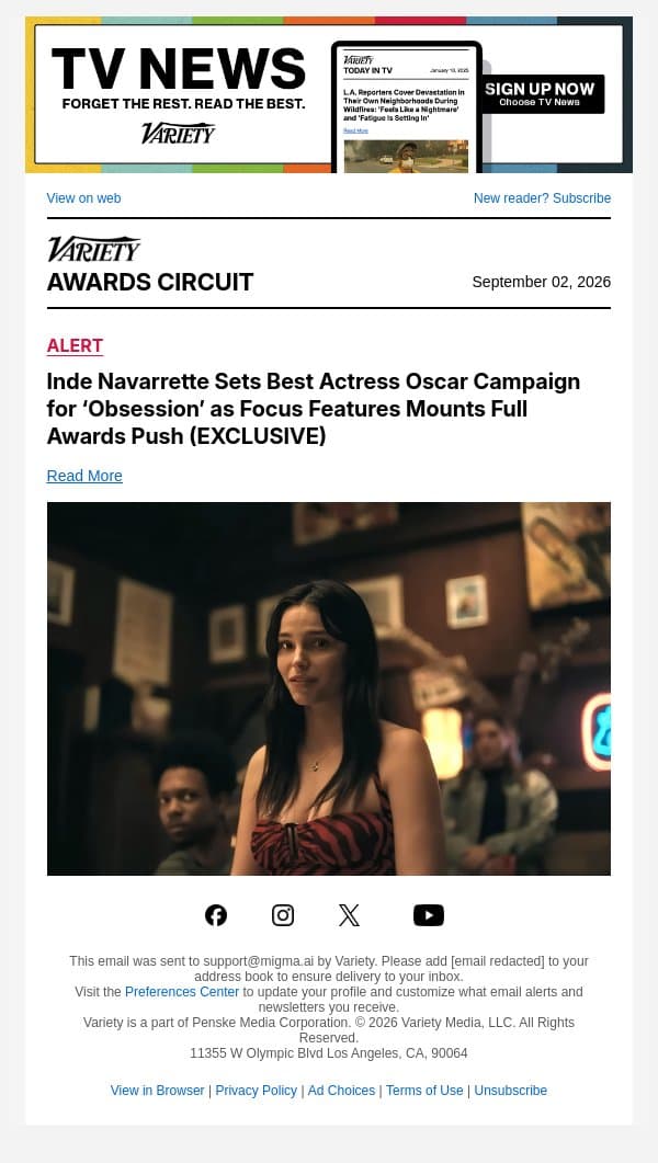 Inde Navarrette Sets Best Actress Oscar Campaign for ‘Obsession’ as Focus Features Mounts Full Awards Push (EXCLUSIVE) email from Variety screenshot