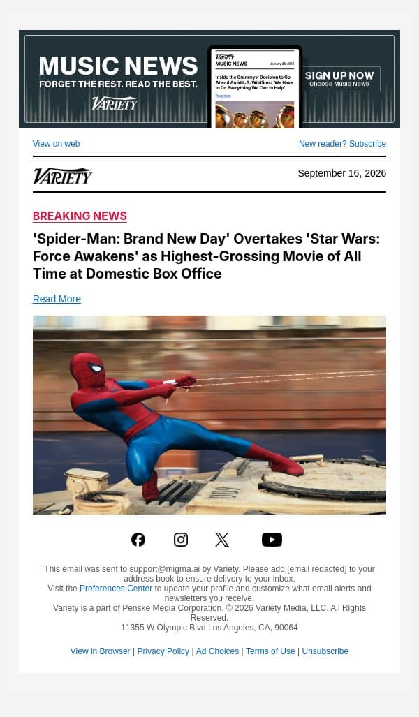 'Spider-Man: Brand New Day' Overtakes 'Star Wars: Force Awakens' as Highest-Grossing Movie of All Time at Domestic Box Office email from Variety screenshot