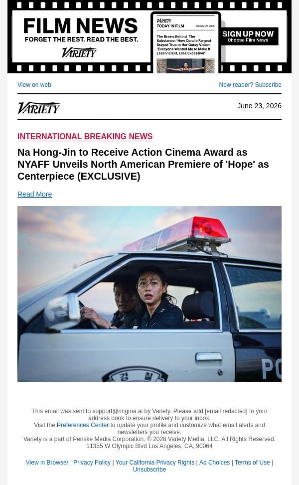 Na Hong-Jin to Receive Action Cinema Award as NYAFF Unveils North American Premiere of 'Hope' as Centerpiece (EXCLUSIVE) email from Variety screenshot