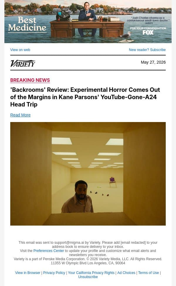 'Backrooms' Review: Experimental Horror Comes Out of the Margins in Kane Parsons' YouTube-Gone-A24 Head Trip email from Variety screenshot