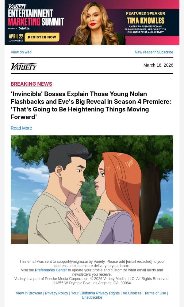 'Invincible' Bosses Explain Those Young Nolan Flashbacks and Eve's Big Reveal in Season 4 Premiere: 'That's Going to Be Heightening Things Moving Forward' email from Variety screenshot