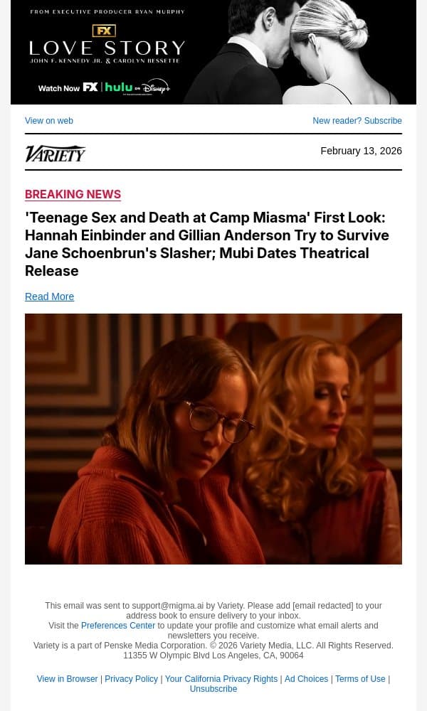 'Teenage Sex and Death at Camp Miasma' First Look: Hannah Einbinder and Gillian Anderson Try to Survive Jane Schoenbrun's Slasher; Mubi Dates Theatrical Release email from Variety screenshot