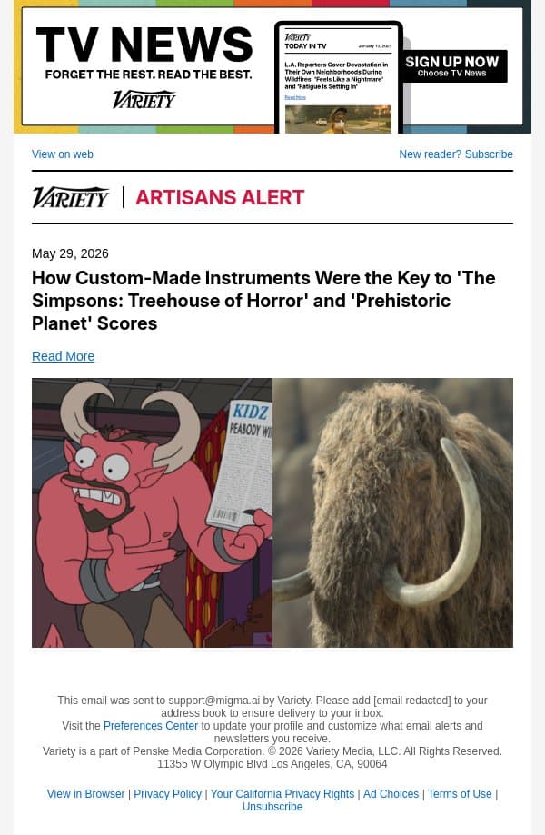 How Custom-Made Instruments Were the Key to 'The Simpsons: Treehouse of Horror' and 'Prehistoric Planet' Scores email from Variety screenshot