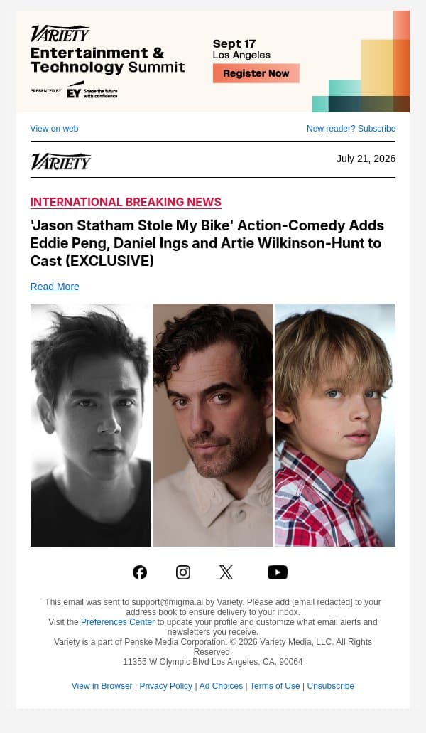 'Jason Statham Stole My Bike' Action-Comedy Adds Eddie Peng, Daniel Ings and Artie Wilkinson-Hunt to Cast (EXCLUSIVE) email from Variety screenshot