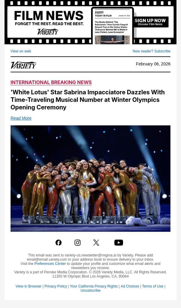 'White Lotus' Star Sabrina Impacciatore Dazzles With Time-Traveling Musical Number at Winter Olympics Opening Ceremony email from Variety screenshot