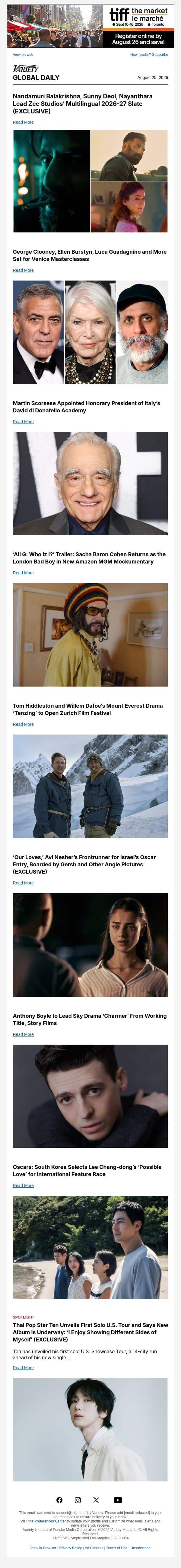 Zee Studios Slate; George Clooney's Venice Masterclass; Martin Scorsese's New Role email from Variety screenshot