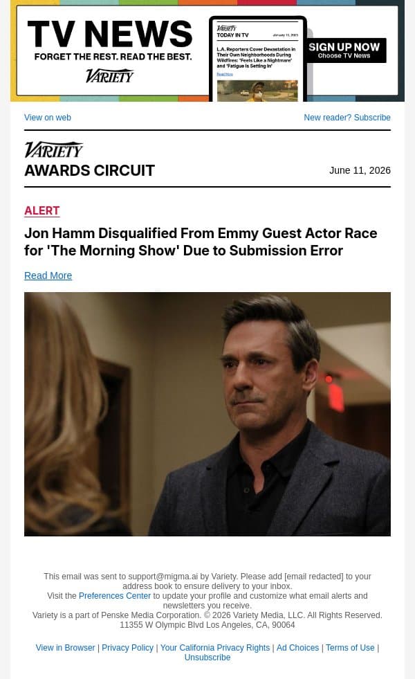 Jon Hamm Disqualified From Emmy Guest Actor Race for 'The Morning Show' Due to Submission Error email from Variety screenshot