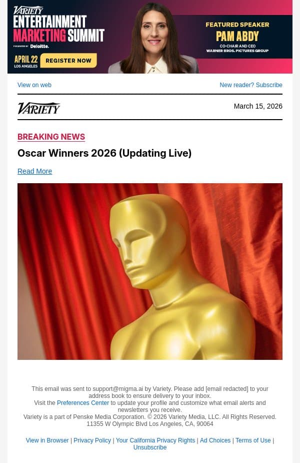 Paul Thomas Anderson Wins Oscar for Adapted Screenplay email from Variety screenshot