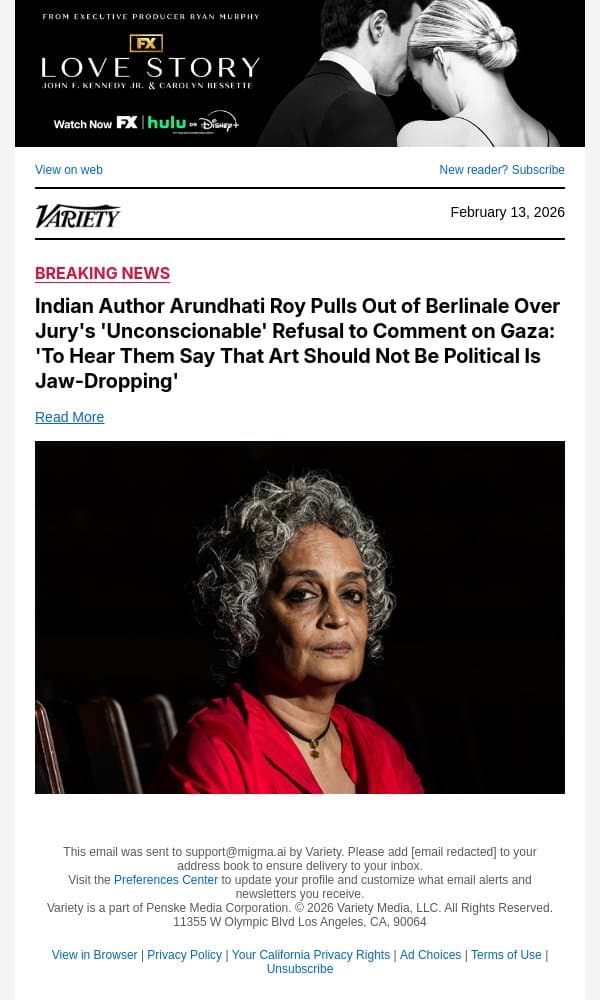 Indian Author Arundhati Roy Pulls Out of Berlinale Over Jury's 'Unconscionable' Refusal to Comment on Gaza: 'To Hear Them Say That Art Should Not Be Political Is Jaw-Dropping' email from Variety screenshot