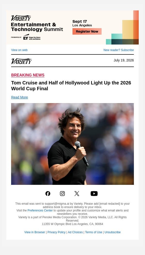Tom Cruise and Half of Hollywood Light Up the 2026 World Cup Final email from Variety screenshot