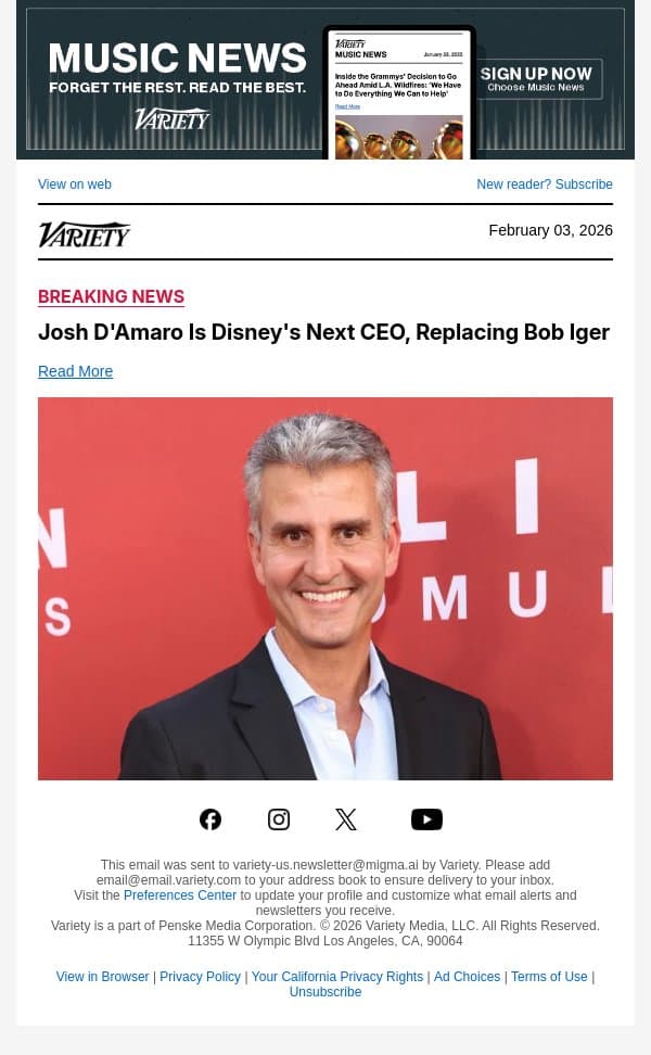 Josh D'Amaro Is Disney's Next CEO, Replacing Bob Iger email from Variety screenshot