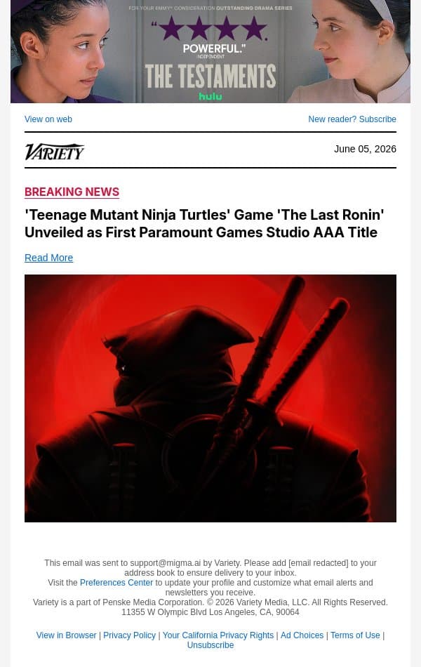 'Teenage Mutant Ninja Turtles' Game 'The Last Ronin' Unveiled as First Paramount Games Studio AAA Title email from Variety screenshot