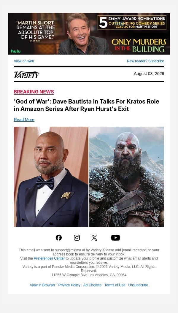 'God of War': Dave Bautista in Talks For Kratos Role in Amazon Series After Ryan Hurst's Exit email from Variety screenshot