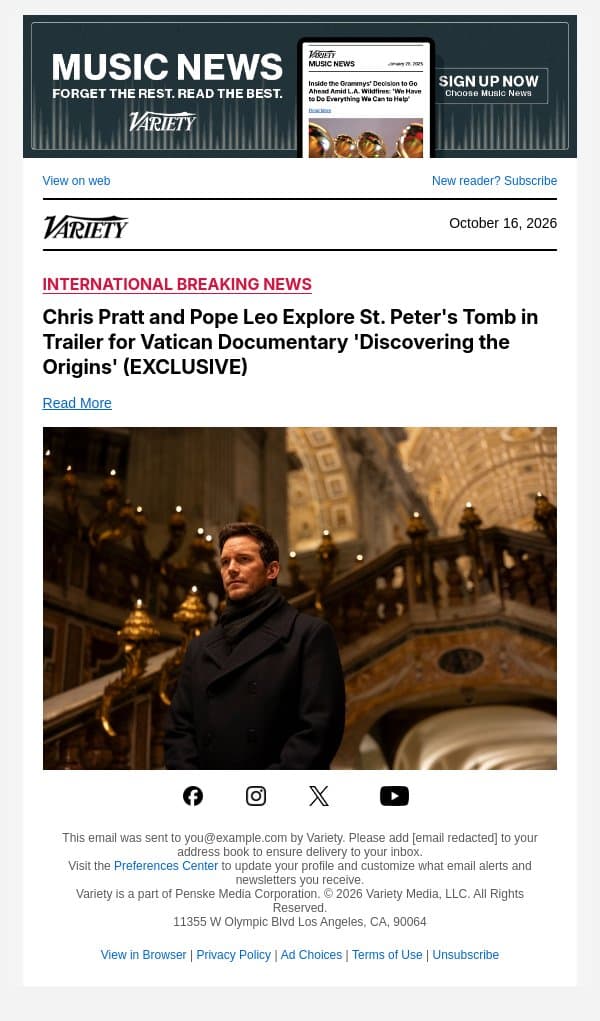 Chris Pratt and Pope Leo Explore St. Peter's Tomb in Trailer for Vatican Documentary 'Discovering the Origins' (EXCLUSIVE) email from Variety screenshot