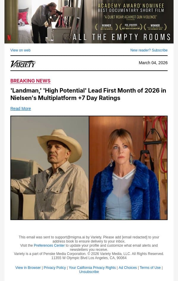 'Landman,' 'High Potential' Lead First Month of 2026 in Nielsen's Multiplatform +7 Day Ratings email from Variety screenshot