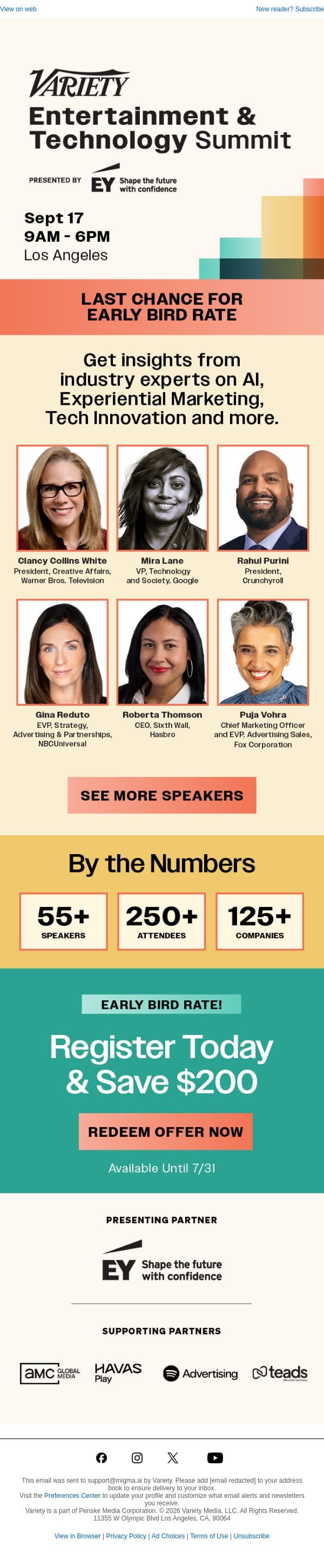 Last Chance for Early Bird Rate to Variety’s Entertainment & Technology Summit email from Variety screenshot