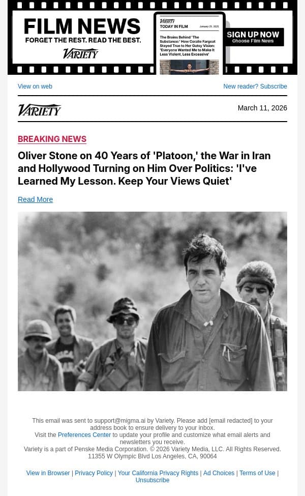 Oliver Stone on 40 Years of 'Platoon,' the War in Iran and Hollywood Turning on Him Over Politics: 'I've Learned My Lesson. Keep Your Views Quiet' email from Variety screenshot