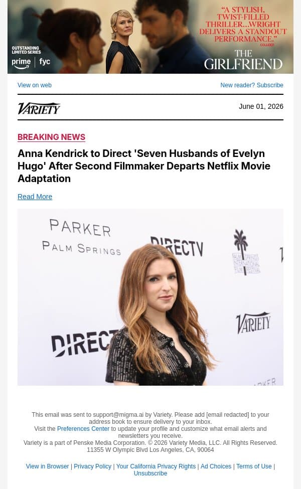 Anna Kendrick to Direct 'Seven Husbands of Evelyn Hugo' After Second Filmmaker Departs Netflix Movie Adaptation email from Variety screenshot