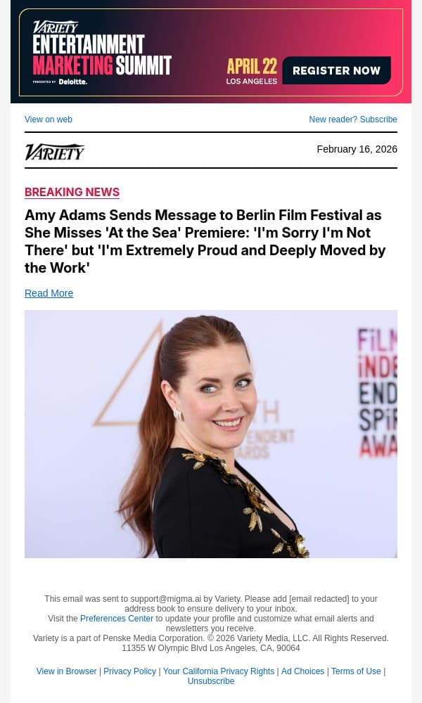 Amy Adams Sends Message to Berlin Film Festival as She Misses 'At the Sea' Premiere: 'I'm Sorry I'm Not There' but 'I'm Extremely Proud and Deeply Moved by the Work' email from Variety screenshot
