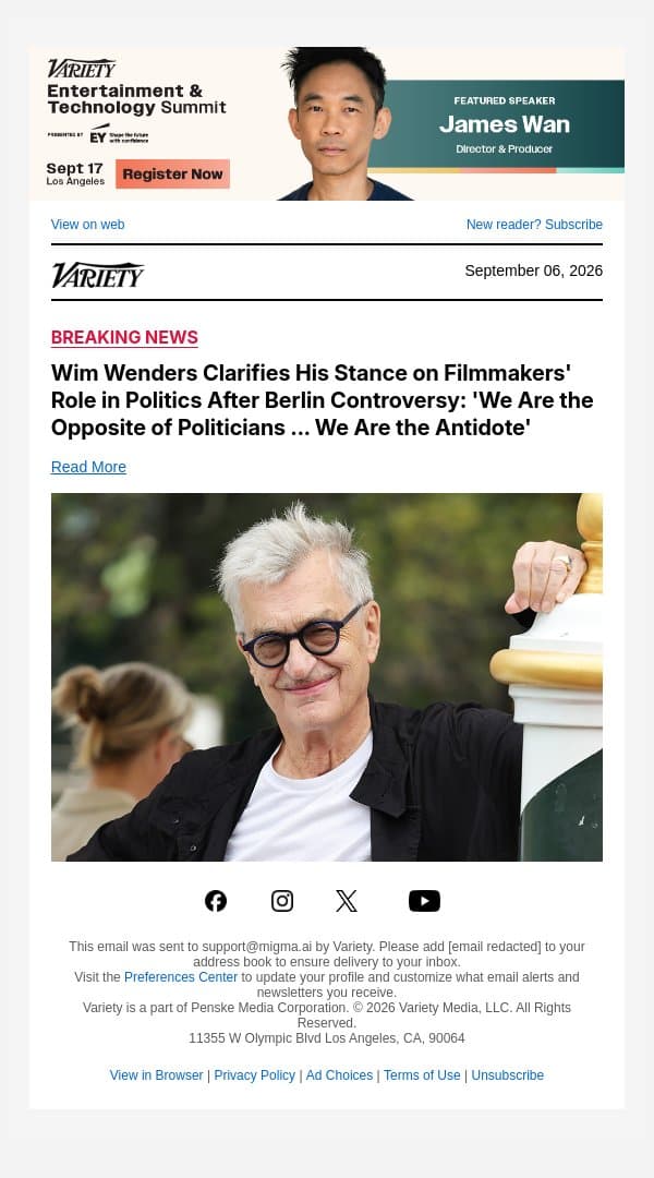 Wim Wenders Clarifies His Stance on Filmmakers' Role in Politics After Berlin Controversy: 'We Are the Opposite of Politicians ... We Are the Antidote' email from Variety screenshot