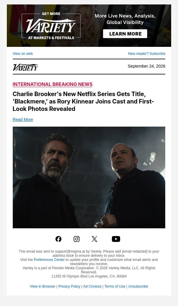 Charlie Brooker's New Netflix Series Gets Title, 'Blackmere,' as Rory Kinnear Joins Cast and First-Look Photos Revealed email from Variety screenshot