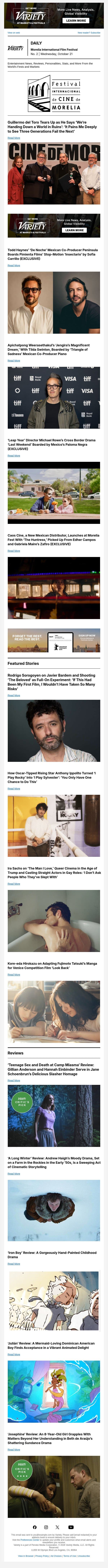 Guillermo del Toro Tears Up, With Good Reason; Península Boards ‘Insectario’; Piano Joins Apichatpong, Swinton email from Variety screenshot