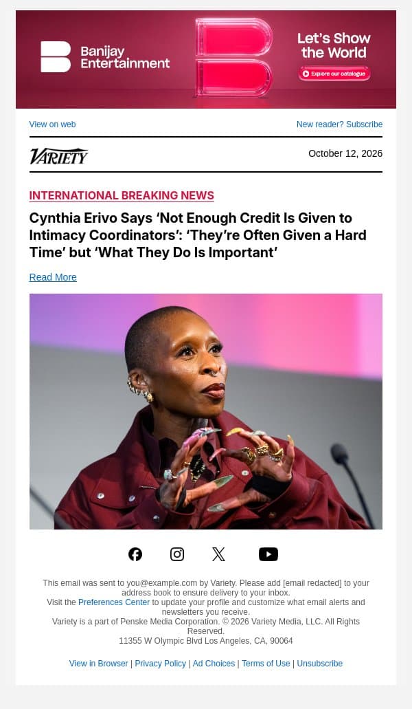 Cynthia Erivo Says ‘Not Enough Credit Is Given to Intimacy Coordinators’: ‘They’re Often Given a Hard Time’ but ‘What They Do Is Important’ email from Variety screenshot