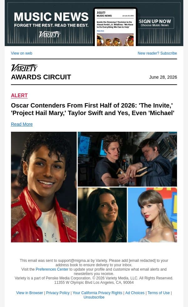 Oscar Contenders From First Half of 2026: 'The Invite,' 'Project Hail Mary,' Taylor Swift and Yes, Even 'Michael' email from Variety screenshot