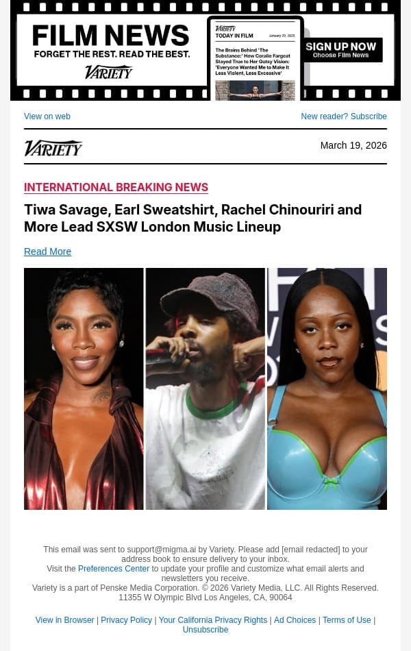Tiwa Savage, Earl Sweatshirt, Rachel Chinouriri and More Lead SXSW London Music Lineup email from Variety screenshot