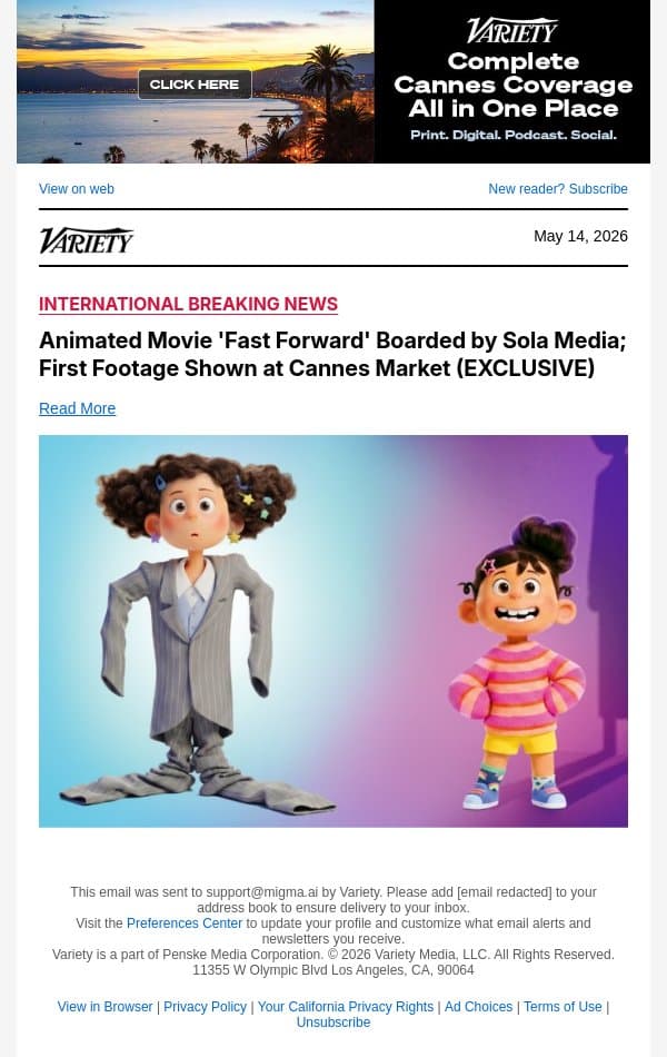 Animated Movie 'Fast Forward' Boarded by Sola Media; First Footage Shown at Cannes Market (EXCLUSIVE) email from Variety screenshot