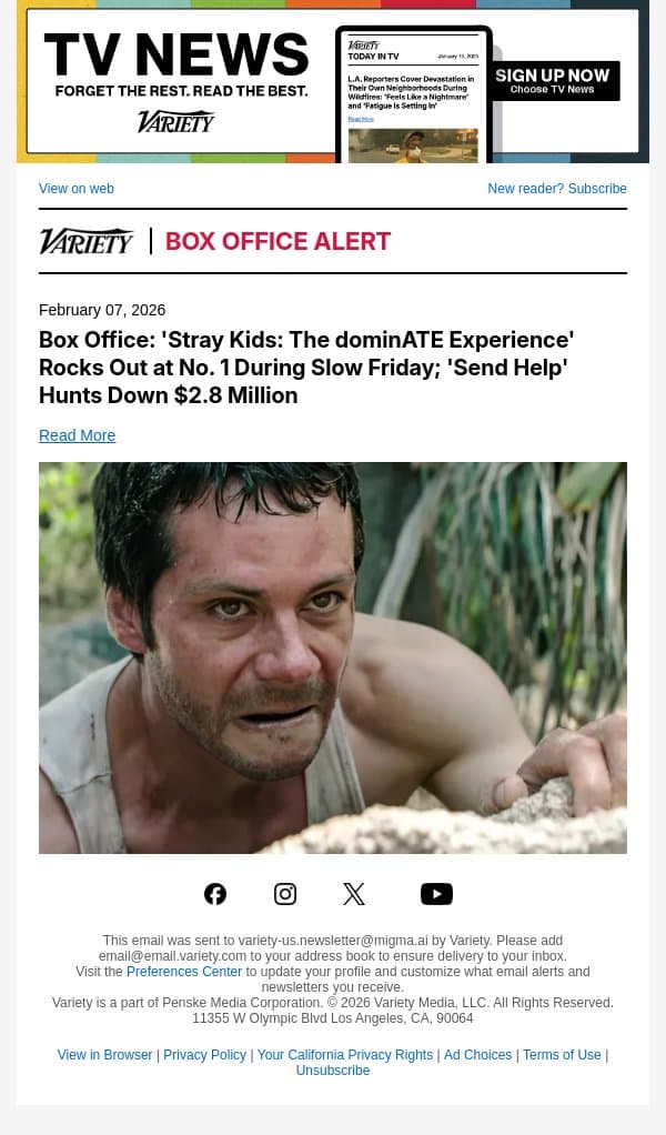 Box Office: 'Stray Kids: The dominATE Experience' Rocks Out at No. 1 During Slow Friday; 'Send Help' Hunts Down $2.8 Million email from Variety screenshot